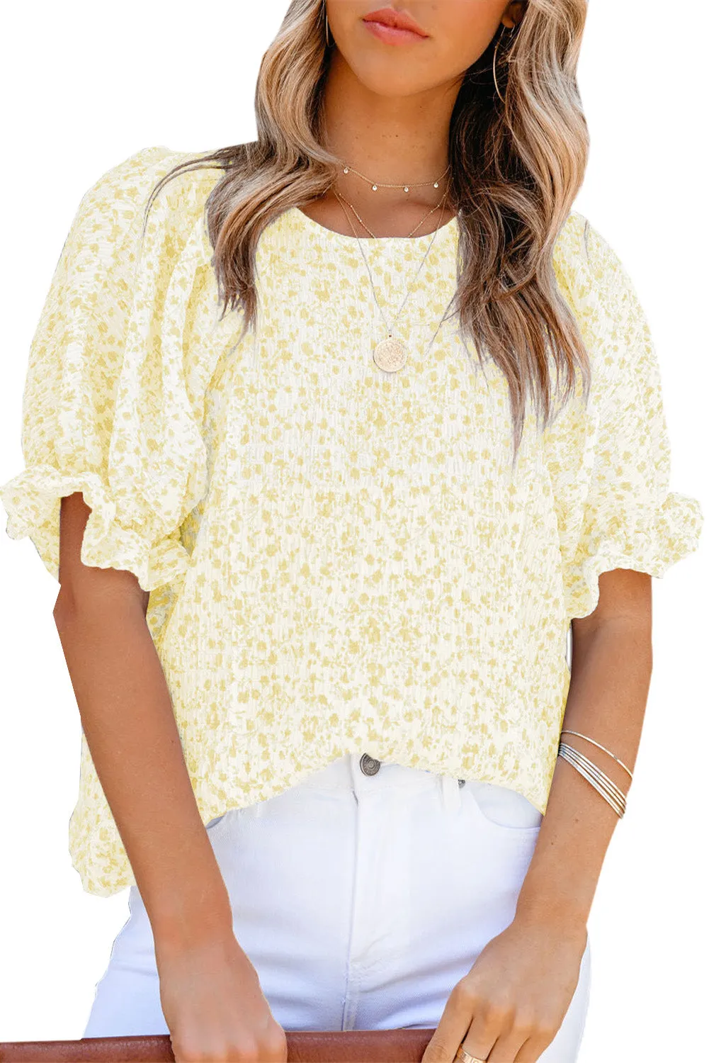 Women's Puff Sleeve T-Shirts Casual Floral Smocked Blouse