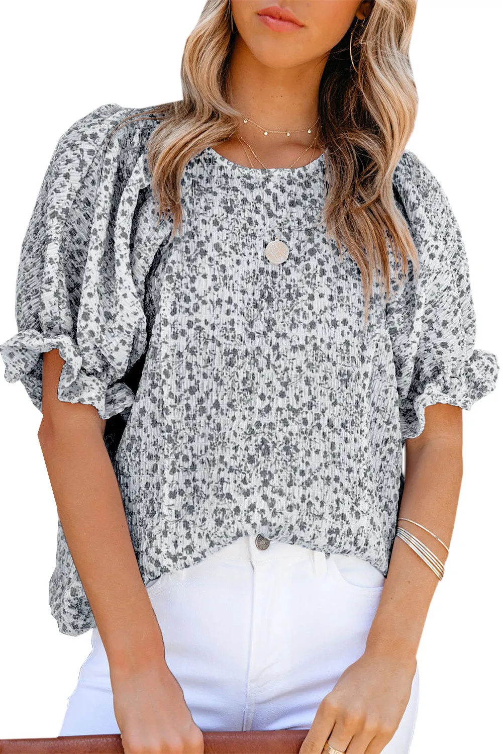 Women's Puff Sleeve T-Shirts Casual Floral Smocked Blouse