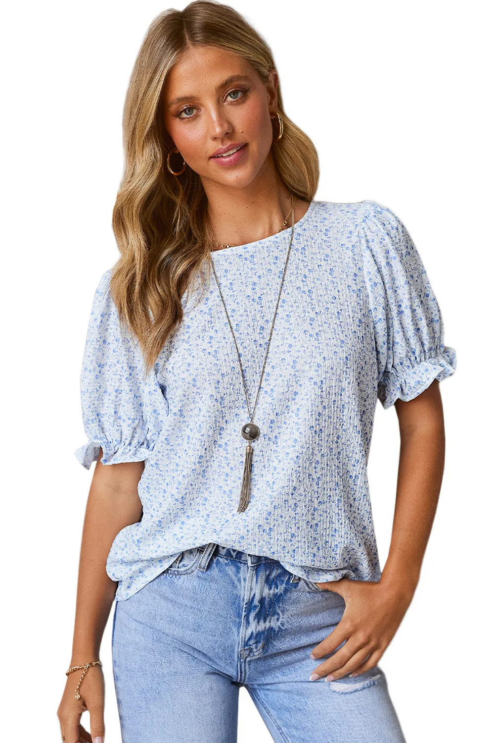 Women's Puff Sleeve T-Shirts Casual Floral Smocked Blouse