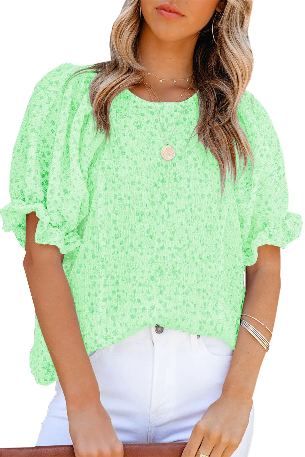 Women's Puff Sleeve T-Shirts Casual Floral Smocked Blouse