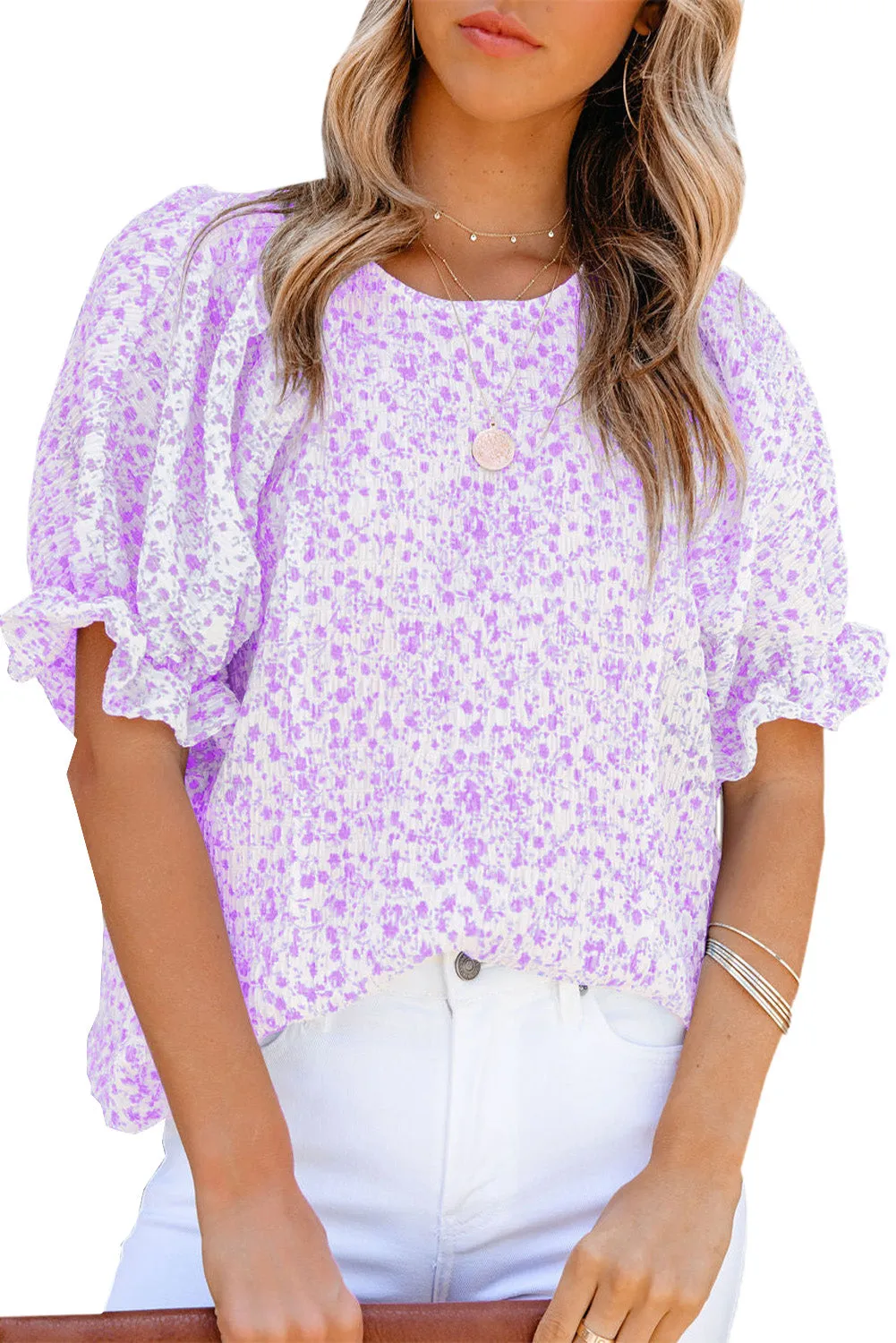 Women's Puff Sleeve T-Shirts Casual Floral Smocked Blouse