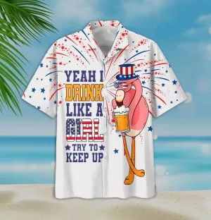 Yeah I Drink Like A Girl Charming Flamingo And Beer White Theme Hawaiian Shirt