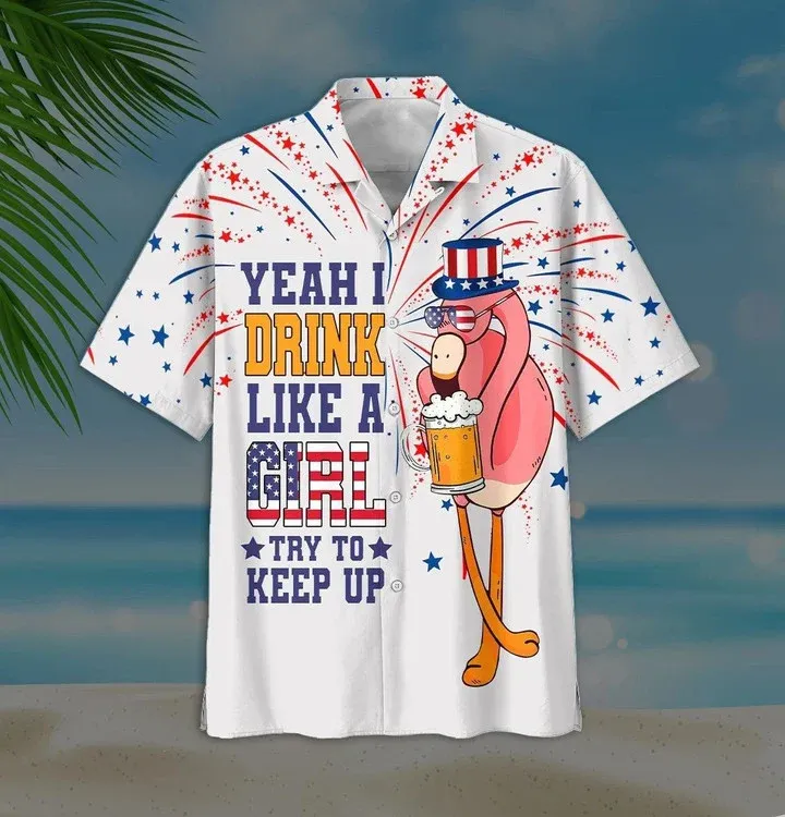 Yeah I Drink Like A Girl Charming Flamingo And Beer White Theme Hawaiian Shirt